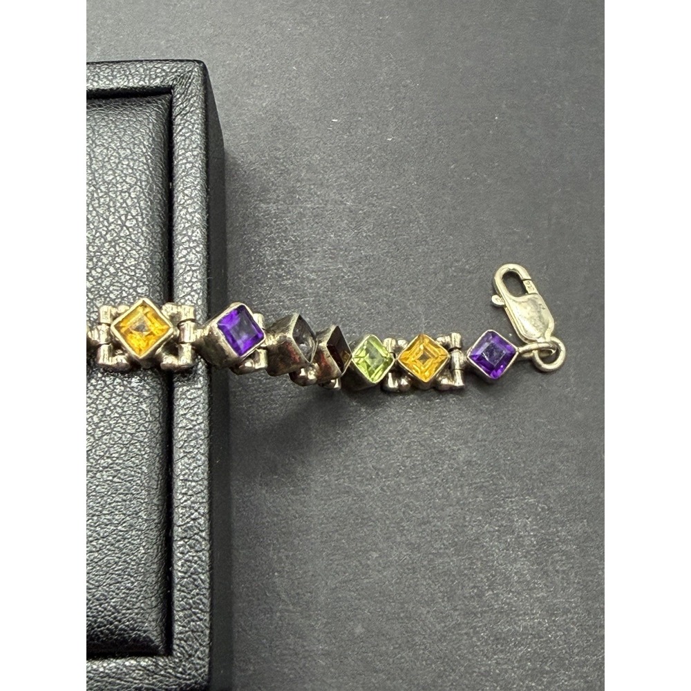Vintage 7" Sterling Silver Multi Gemstone Bracelet Amethyst Garnet 16 Grams J28 - Picture 3 of 15
